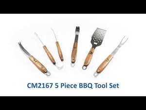 Get ready for BBQ season with this 5 piece barbecue tool set! Set includes tongs, multi-function spatula, knife, fork and brush with silicone bristles. Housed in convenient, zippered, heavy-duty nylon tote case with adjustable shoulder strap. Quality stainless steel tools with durable wood handles.