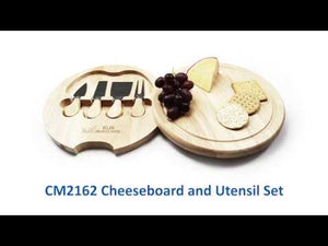 Entertaining gift idea. Wooden cheeseboard with utensils. Grooved blond wood cutting/serving surface swivels open to reveal wood-handle utensils: knife, fork, spreader, and slicer. Comes in black gift box. Personalized with your business advertising as a great promotional product. 