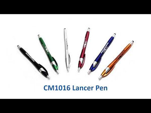 Promotional Pens are a great way to brand your company or organization. COMDA offers a large selection of promotional pens to create brand awareness when imprinted with your company name and logo. Lancer pen is a plastic click action ball point pen with soft stylus.